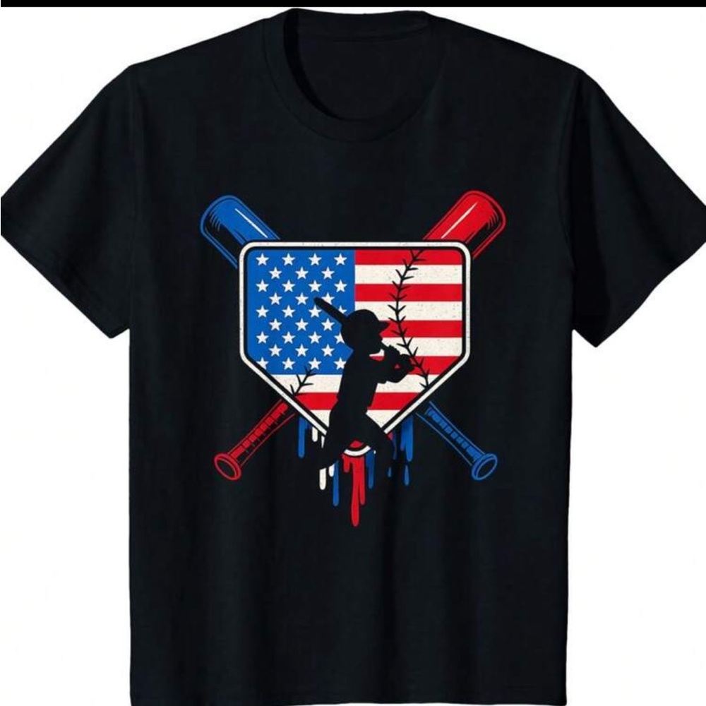 American Baseball Lifestyle Drip Tee Black with Red White & Blue Graphic Cotton